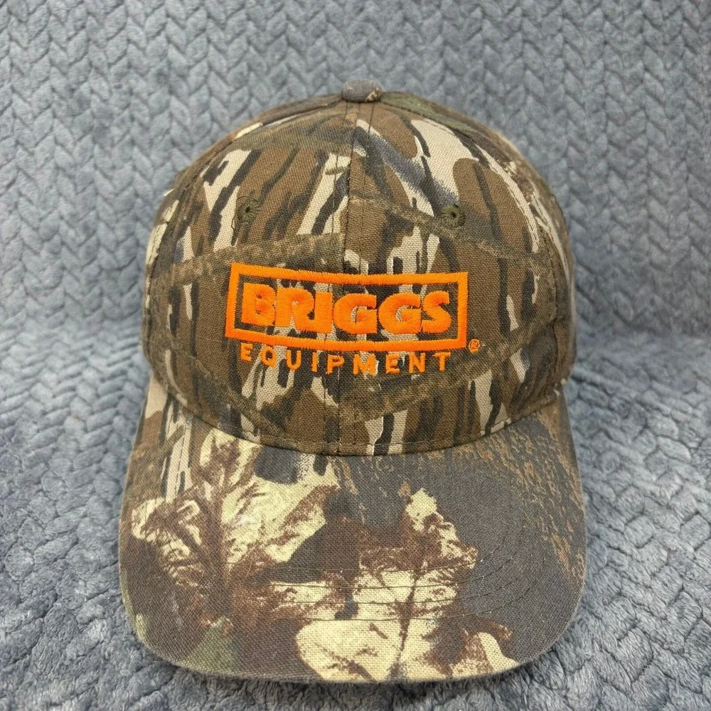 Briggs Equipment Camo Baseball Hat Orange Embroidered Logo Adjustable Cap